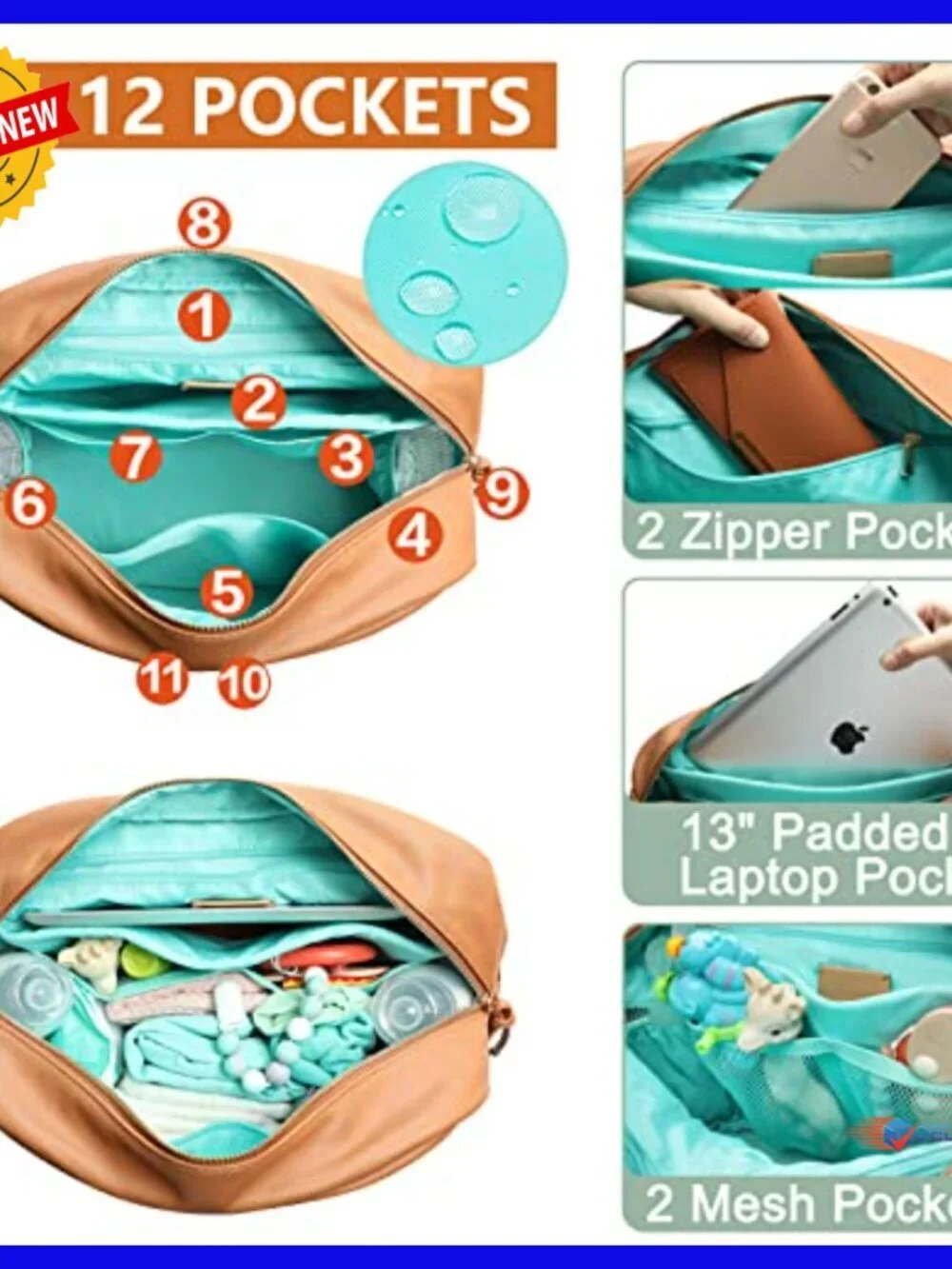 Leather Diaper Bag Backpack, 12 Pockets, Insulated, Changing Pad